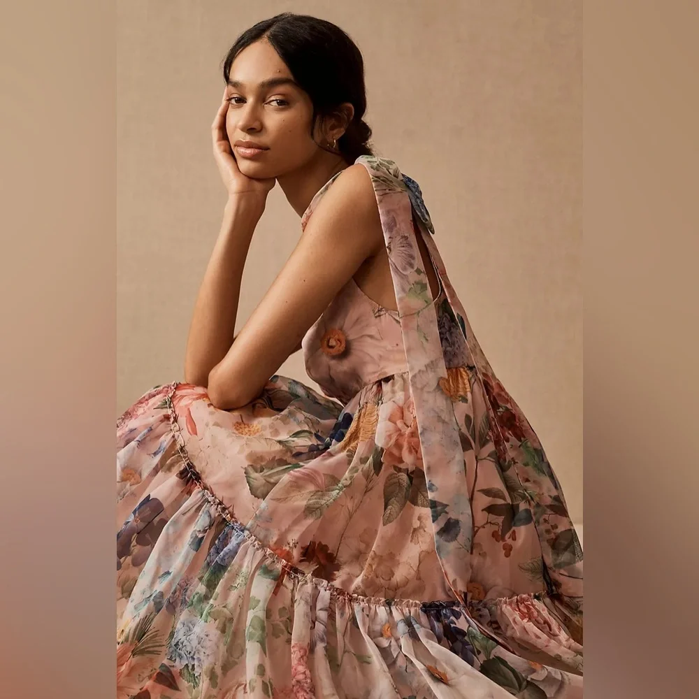 NWOT Bhldn Isabella Tiered Square-Neck A-Line MIDI Dress - Picture 3 of 7